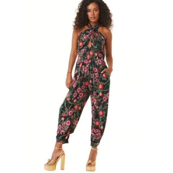 MISA Pants - NWT MISA Halter Koral Floral Black Jumpsuit Romper Sleeveless Size S $470 [jb]